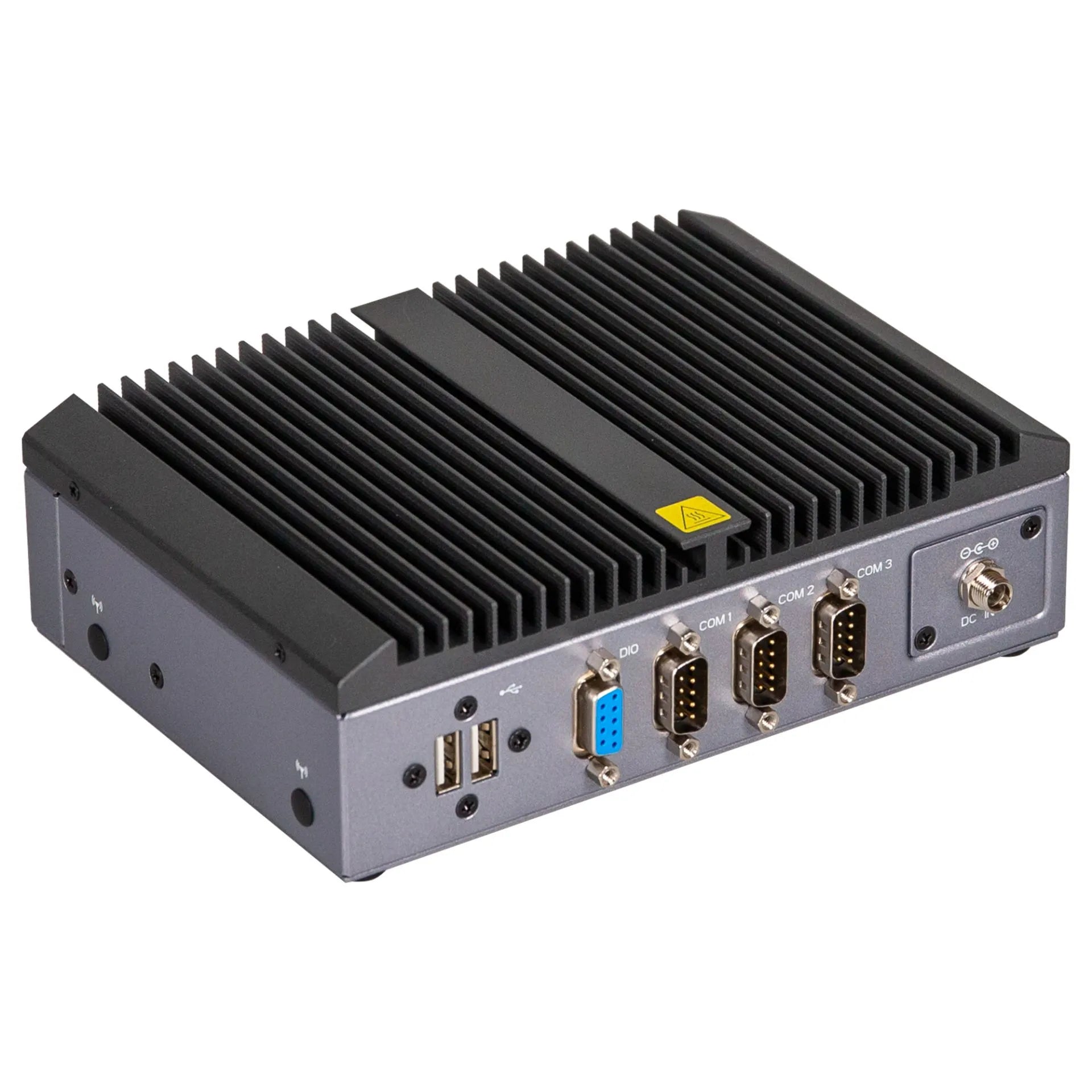 Vue de trois quarts avant du GIGAIPC QBiX-Pro-ADNAN97H-A2 avec double Ethernet, double HDMI et ports USB