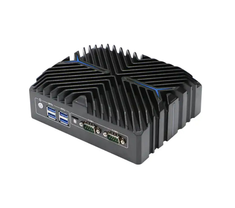 Mini PC fanless SPW-3222N avec quatre ports USB et deux ports série COM en vue avant trois quarts