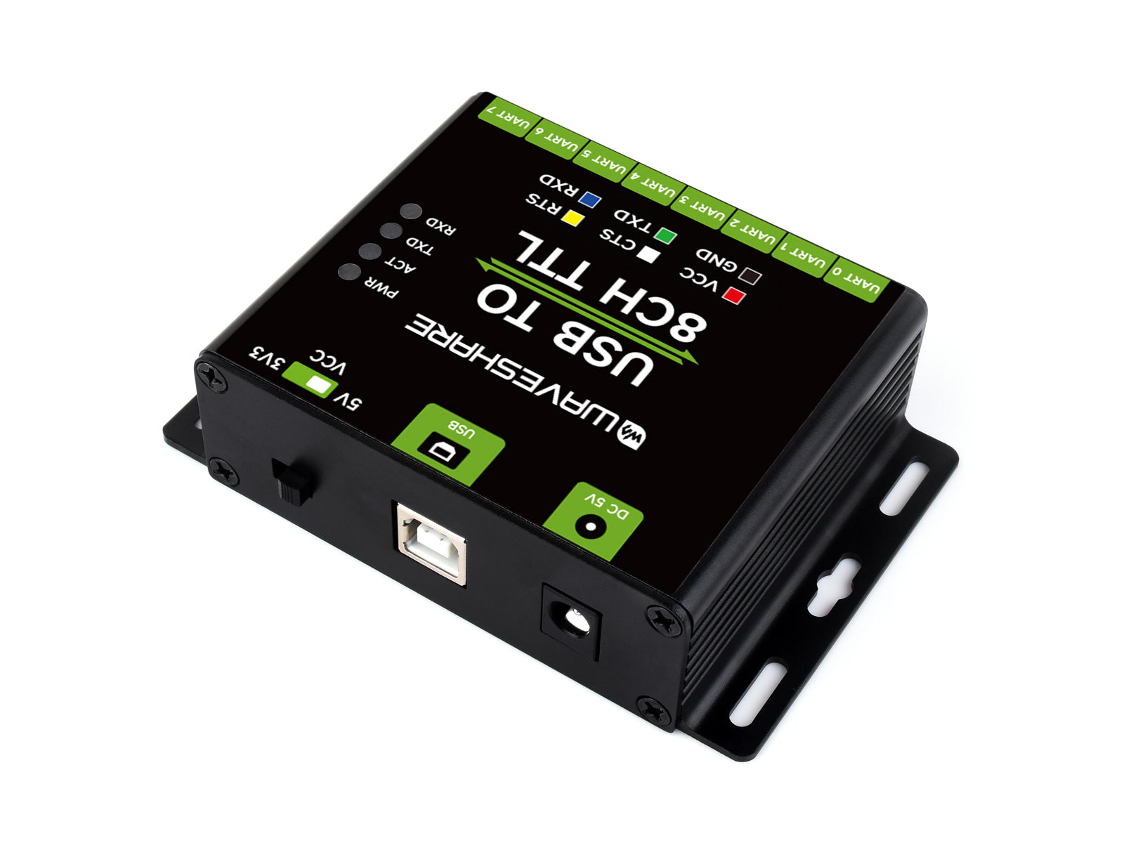 Waveshare 27076 – connecteur USB-B, alimentation 5 V et sélecteur TTL 3,3/5 V