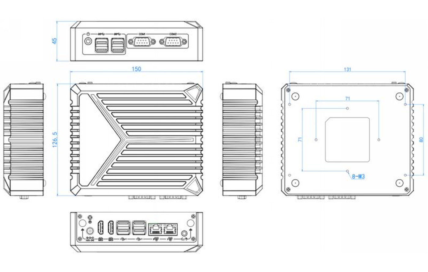 SPW-1522N – vues et dimensions du boîtier fanless