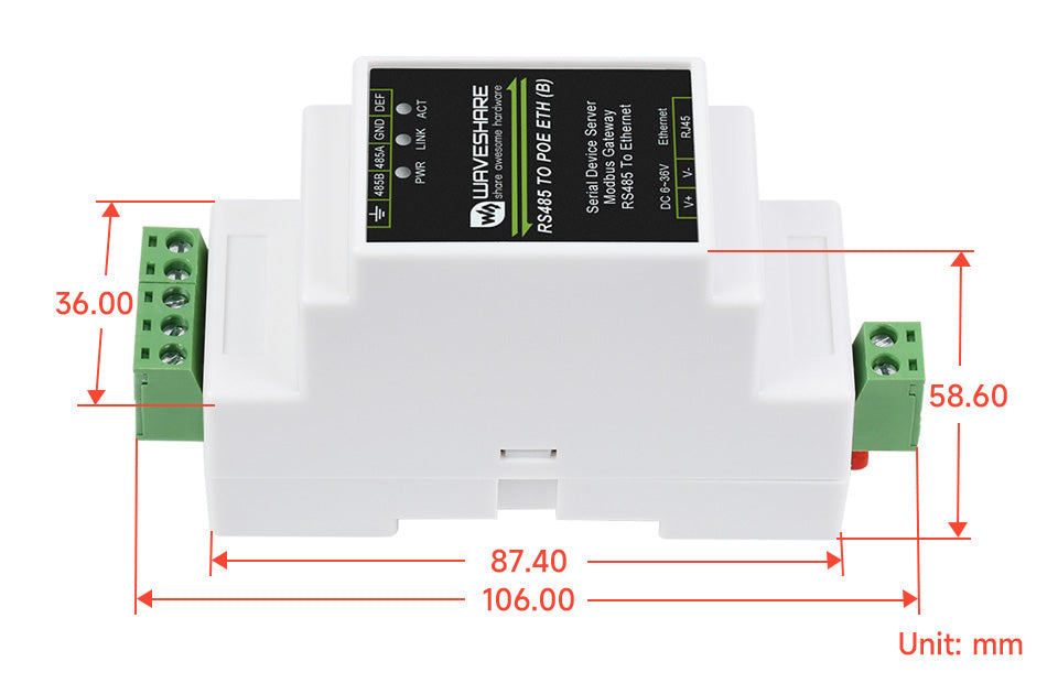 23273 Industrial Serial Server, Ethernet RS485 to RJ45 POE Waveshare