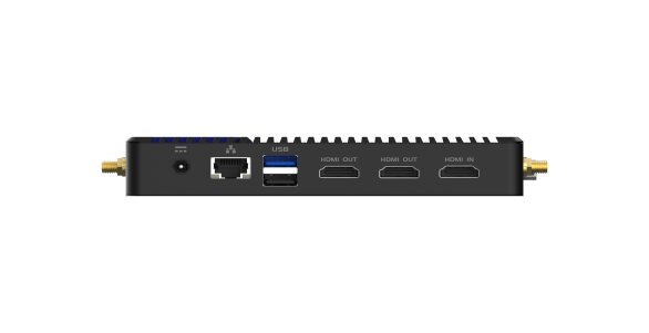 Face arrière du JWIPC H076 avec Ethernet Gigabit, USB, deux sorties HDMI et une entrée HDMI