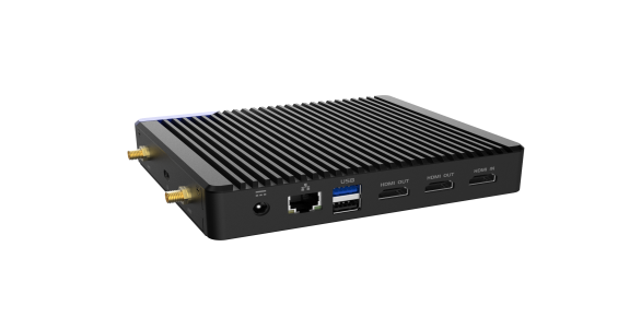 Mini PC fanless JWIPC H076 Rockchip RK3576 en vue de trois quarts avec HDMI, Ethernet et USB
