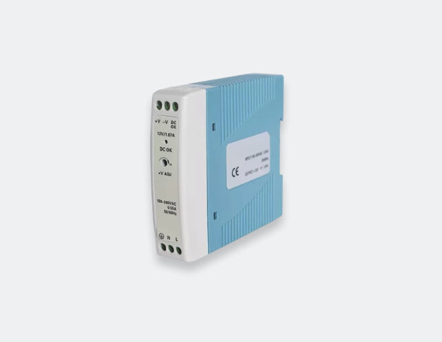 Alimentation MEAN WELL MDR-20-12 en vue de trois quarts avec bornes, réglage et voyant DC OK