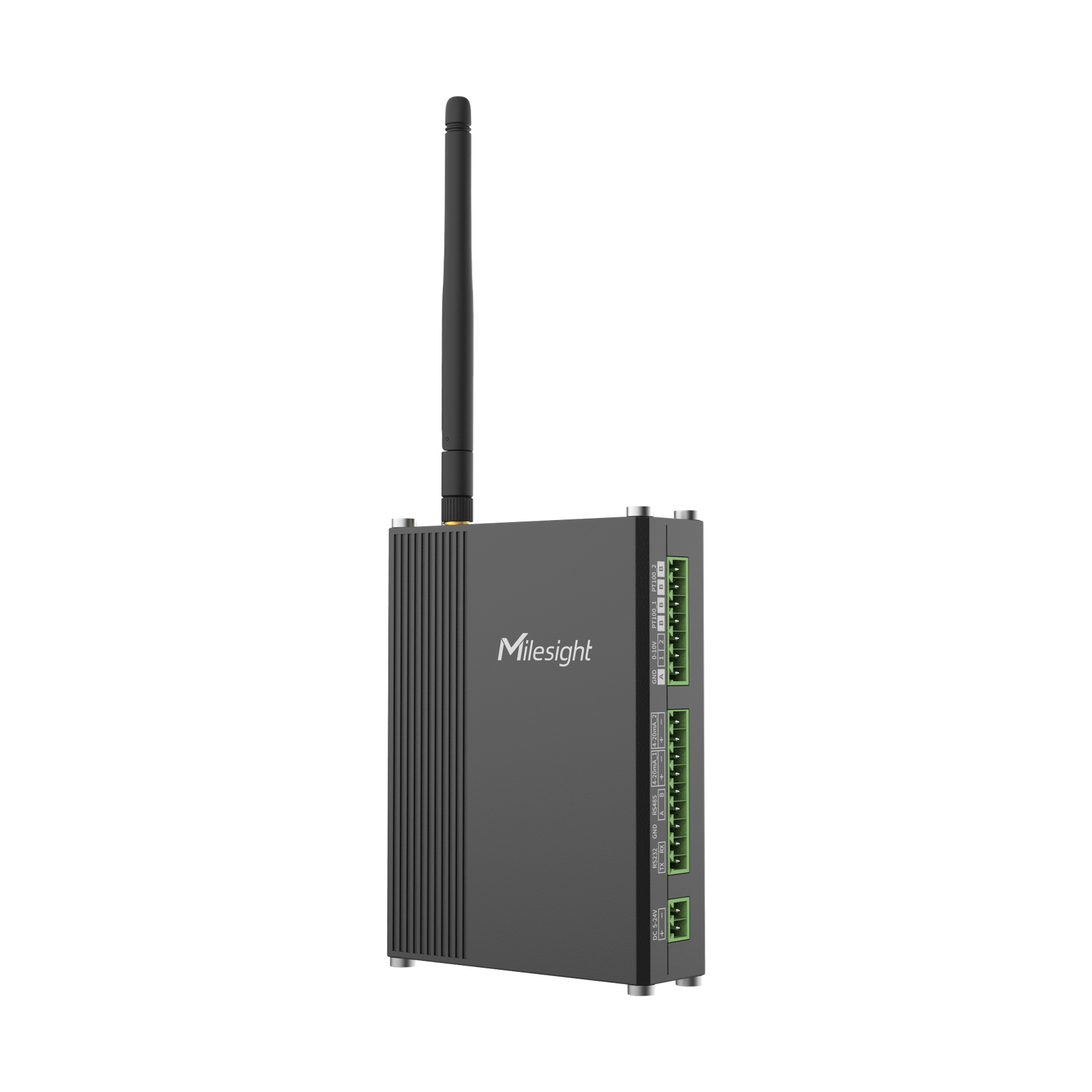 Rendu Milesight UC300-L05EU en vue trois quarts avec borniers RS232, RS485, entrées analogiques et PT100