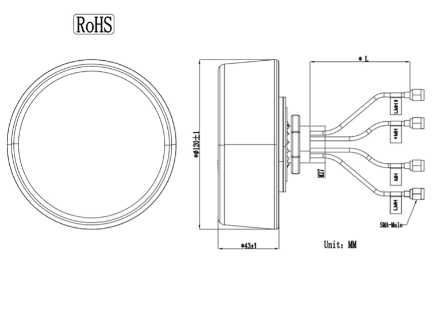 Plan coté de l’antenne 5G Milesight YB0007BA avec boîtier circulaire et quatre câbles
