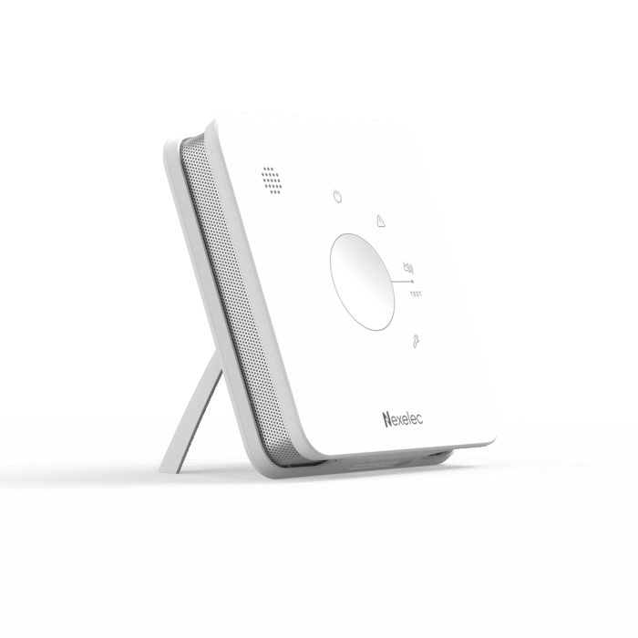 Détecteur de monoxyde de carbone Nexelec AIR+ X850LS en vue de trois quarts sur son support FLEX