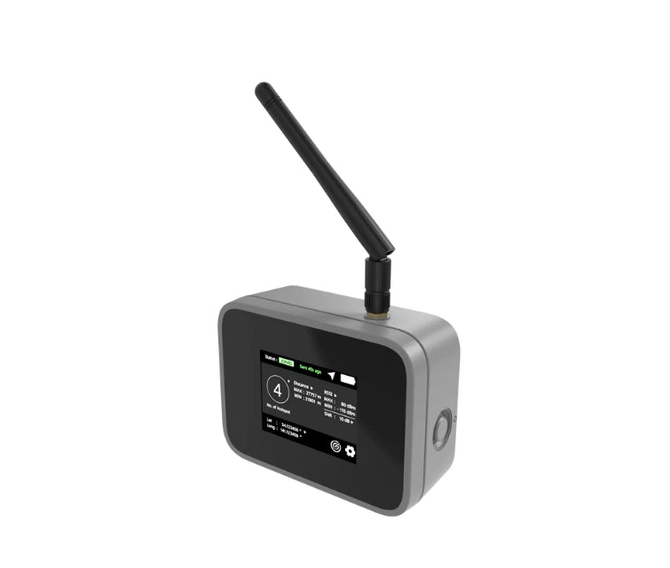 Field Tester Plus RAK10701-Plus en vue de trois quarts avec écran et antenne LoRa