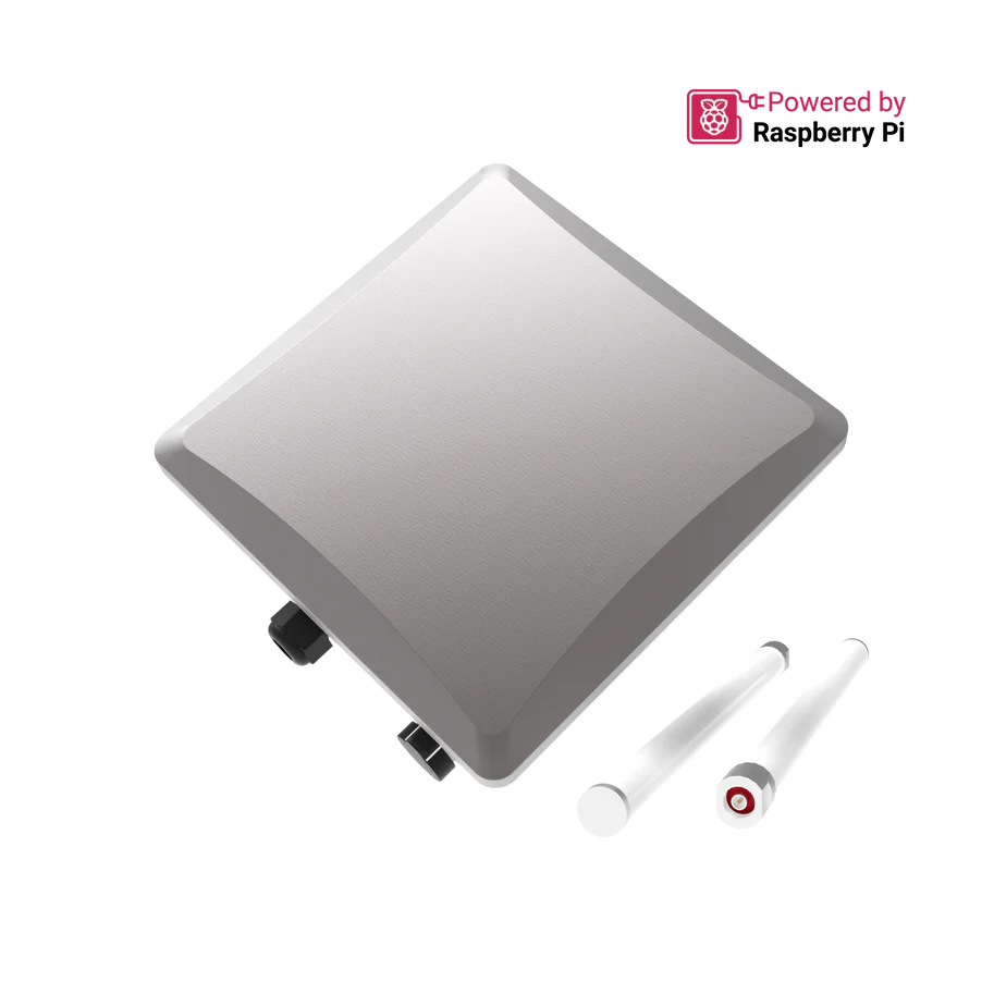 Illustration de la famille RAK7391 WisGate Connect avec boîtier, carte porteuse et accessoires radio ; antenne LoRa externe non incluse
