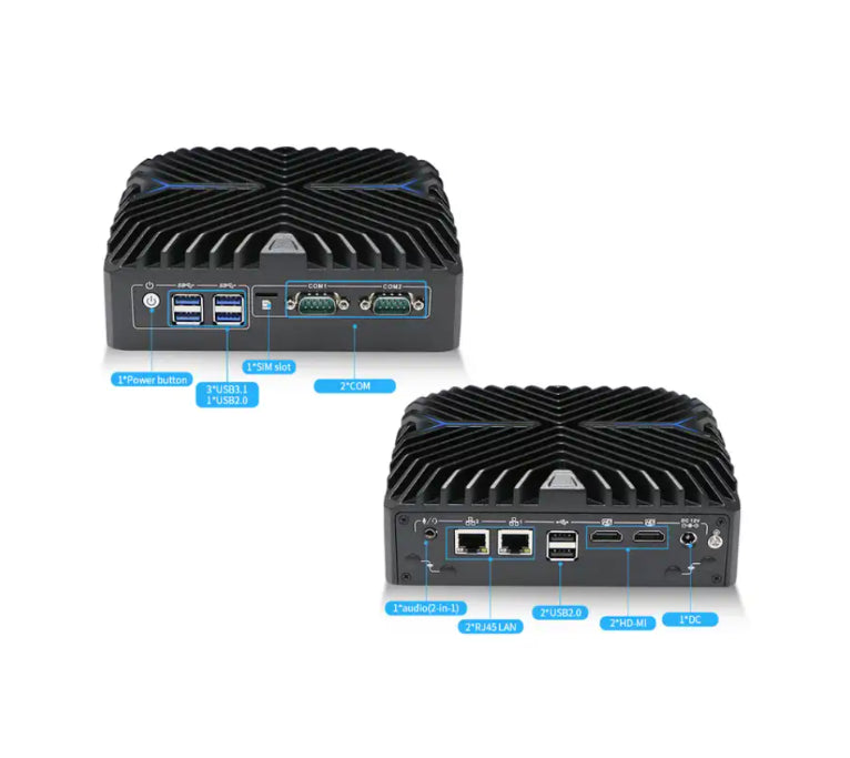 Schéma de la connectique avant et arrière du mini PC fanless SPW-3222N