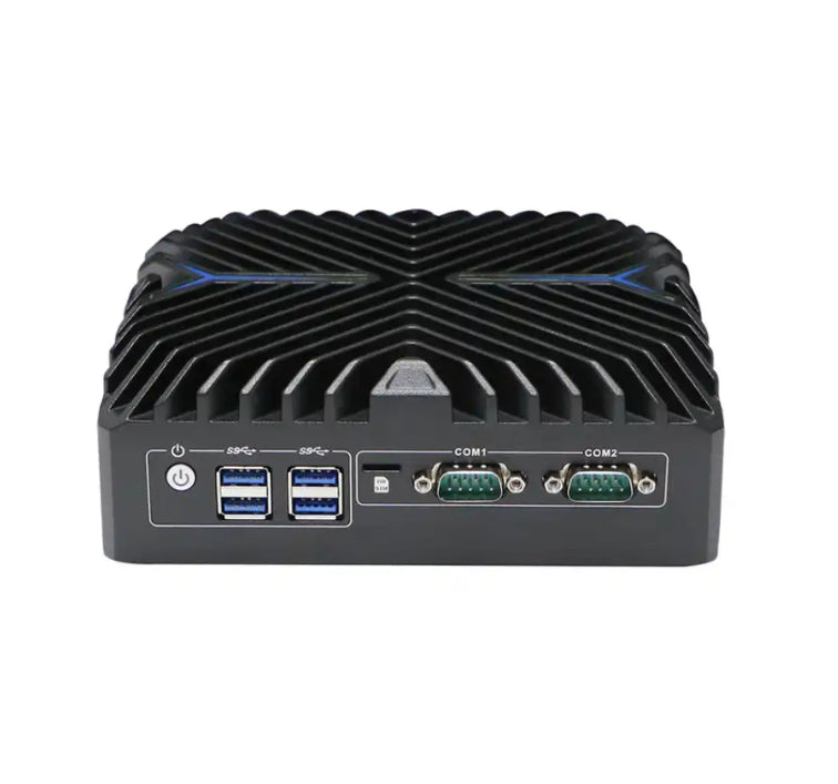 Face avant du mini PC fanless SPW-3222N avec quatre ports USB, emplacement SIM et deux ports COM
