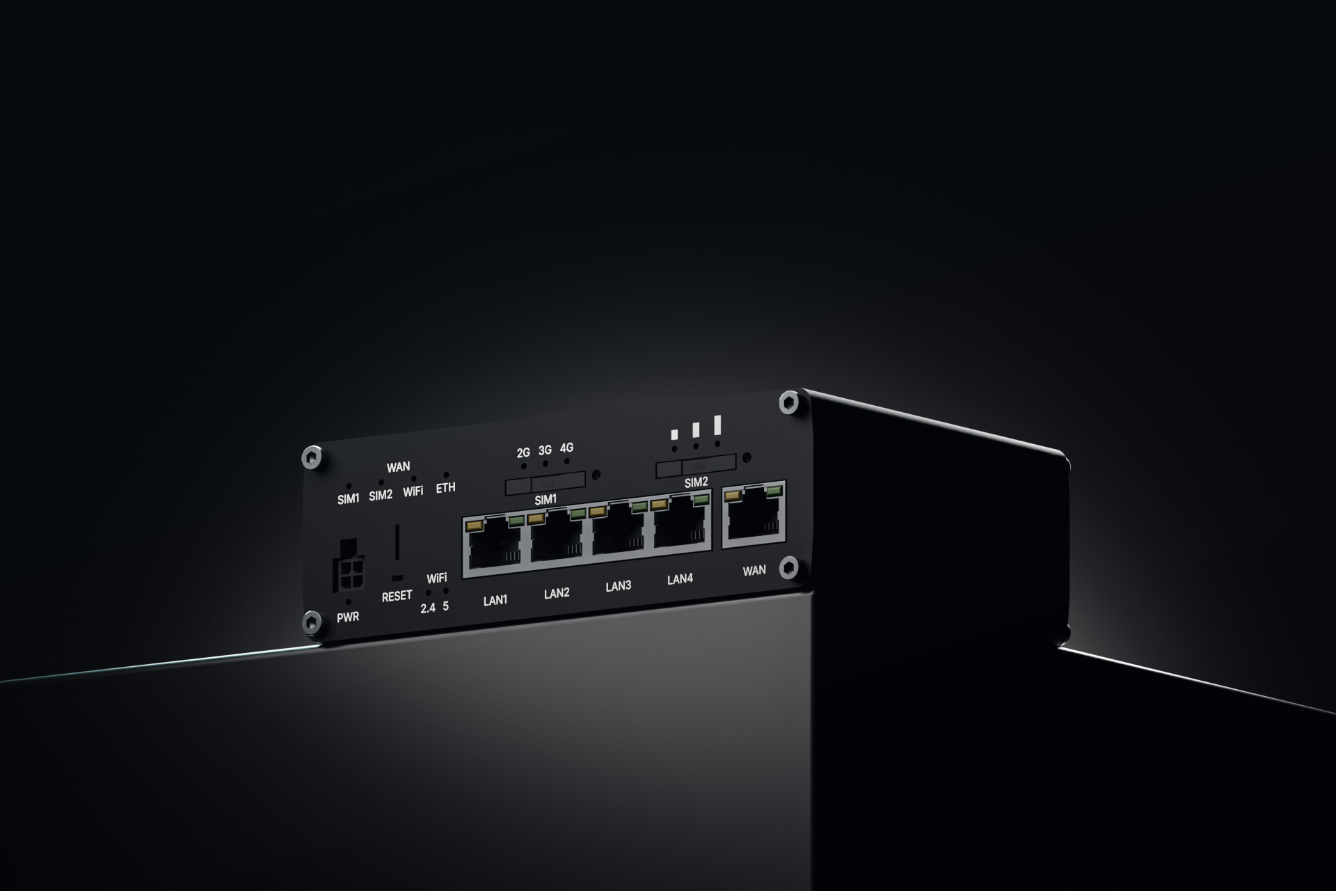 Face réseau du Teltonika RUTC41 avec quatre ports LAN Gigabit, un port WAN et deux logements SIM