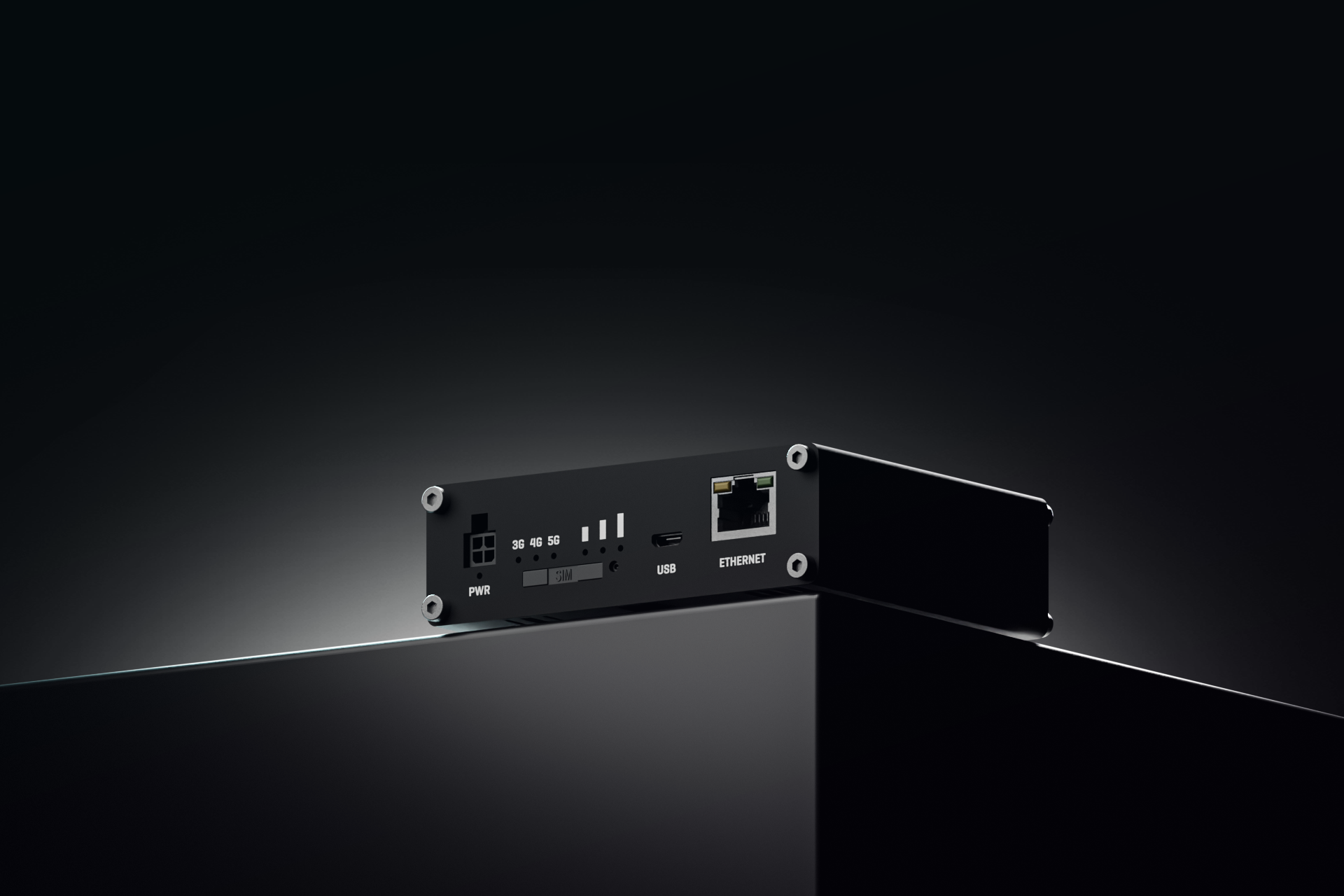 Face avant de la Teltonika TRB501 avec Ethernet 2,5 Gb/s, USB-C, logement SIM et alimentation