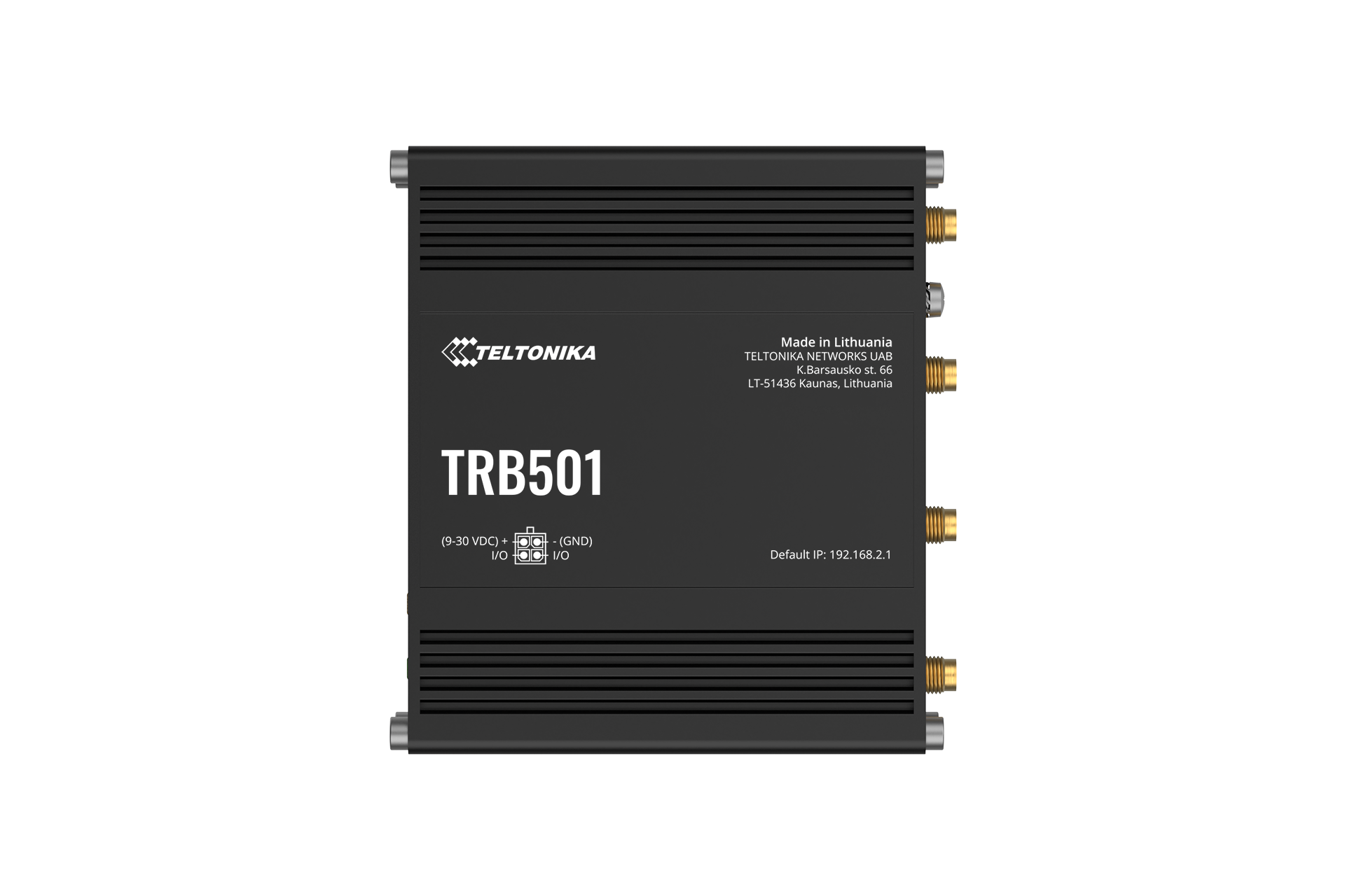 Vue de dessus de la passerelle industrielle 5G Teltonika TRB501 avec marquage du boîtier