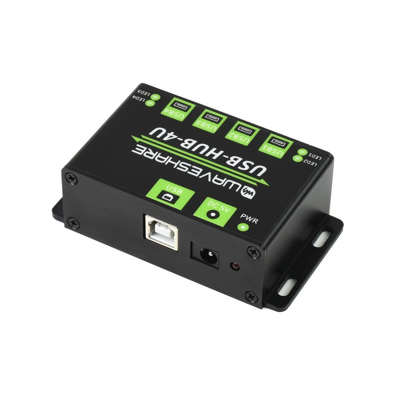 Face d’entrée du hub Waveshare 20861 avec connecteur USB-B et prise d’alimentation 5 VDC