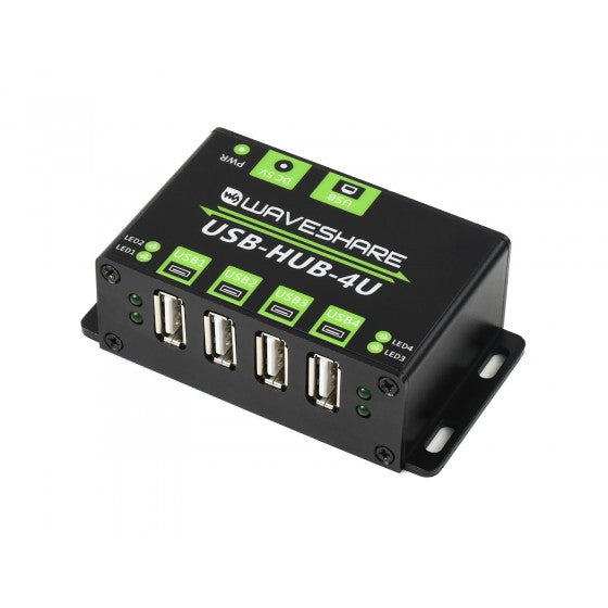 Hub USB industriel Waveshare 20861 en vue de trois quarts avec quatre ports USB-A