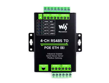 Serveur série Waveshare 26361 avec quatre ports RS485 isolés et port Ethernet PoE en vue de face