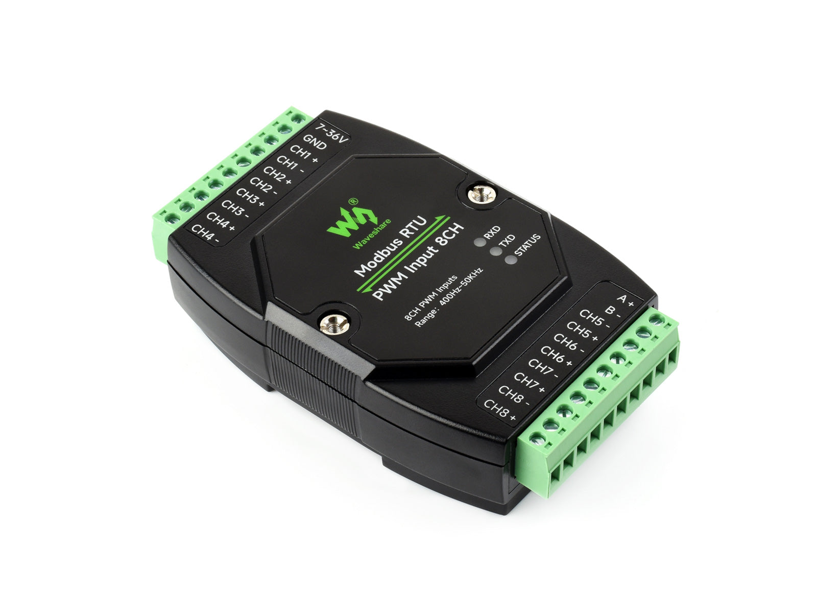 Module d’entrée PWM Waveshare 33919 à huit canaux en vue trois quarts avec borniers RS485 et signaux