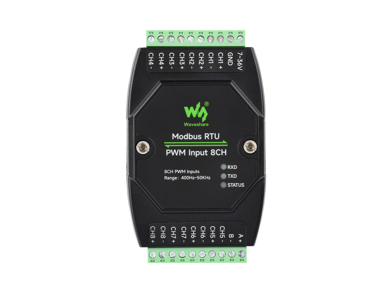 Vue de face du module Waveshare 33919 Modbus RTU avec huit entrées PWM et deux borniers