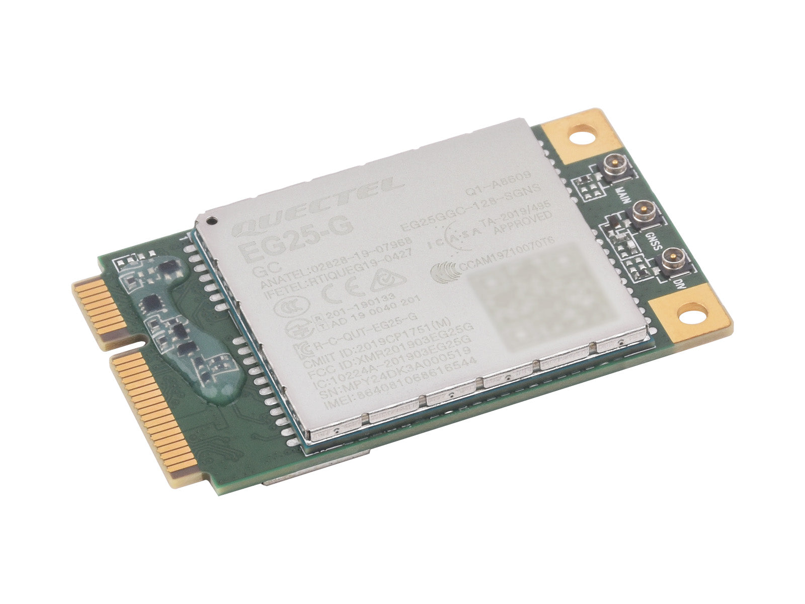 Quectel EG25-G mPCIe – vue trois quarts et connecteurs MAIN, GNSS et diversité